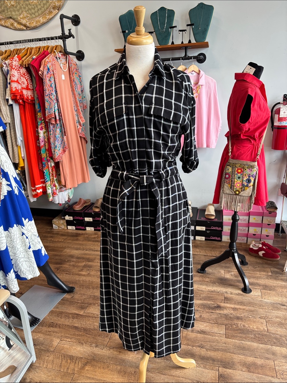 Calvin Klein Black Windowpane Midi Shirt Dress with Tie Waist